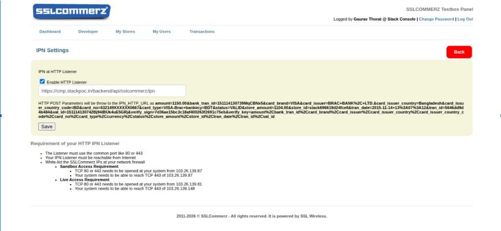 Screenshot: SSLCommerz Testbox Panel — IPN Settings with HTTP listener enabled