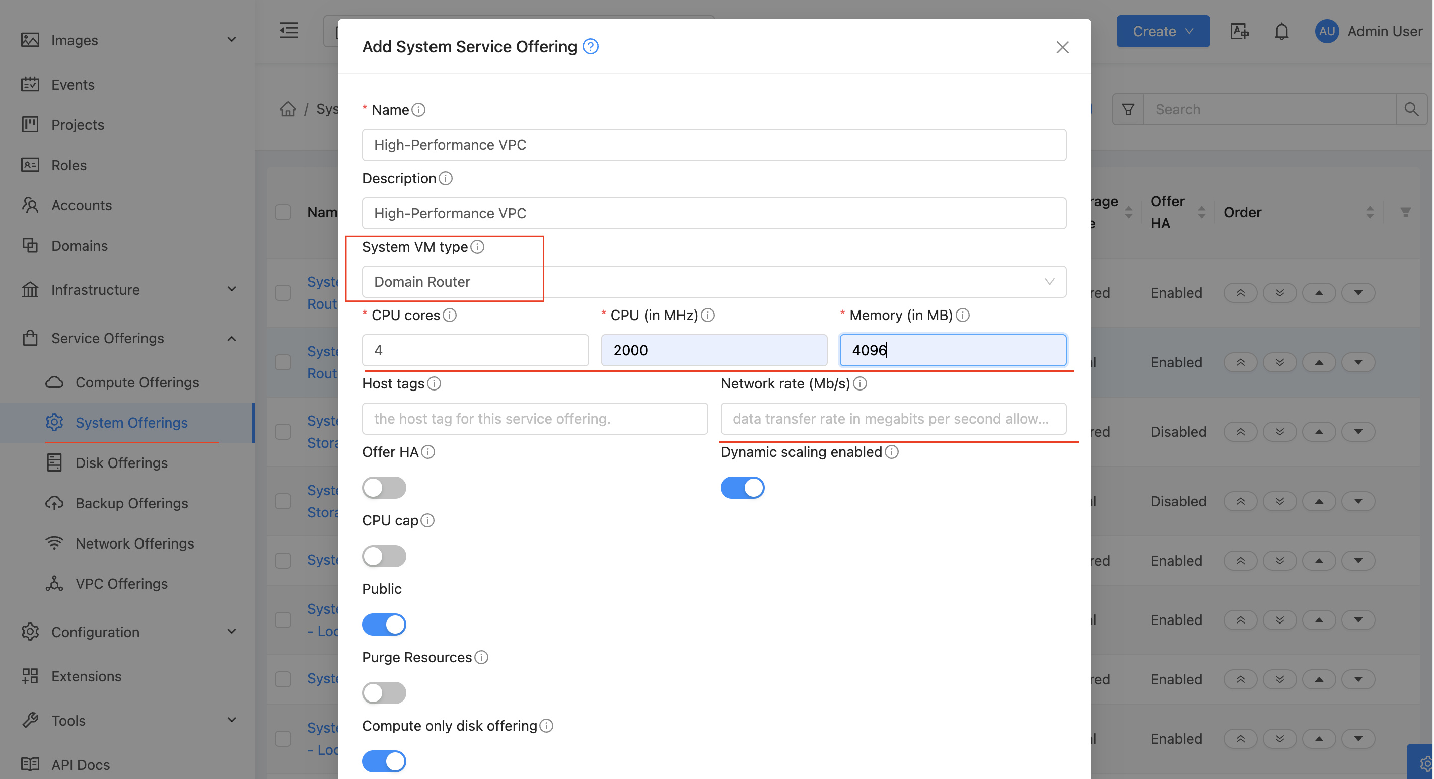 Screenshot: CloudStack — Add System Offering for Domain Router
