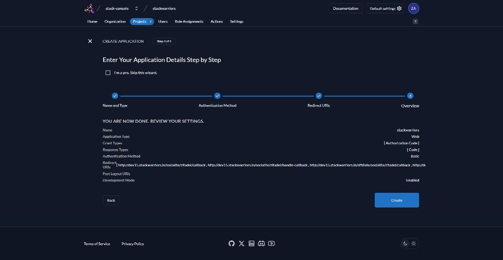 Screenshot: Instance created — Create your first app
